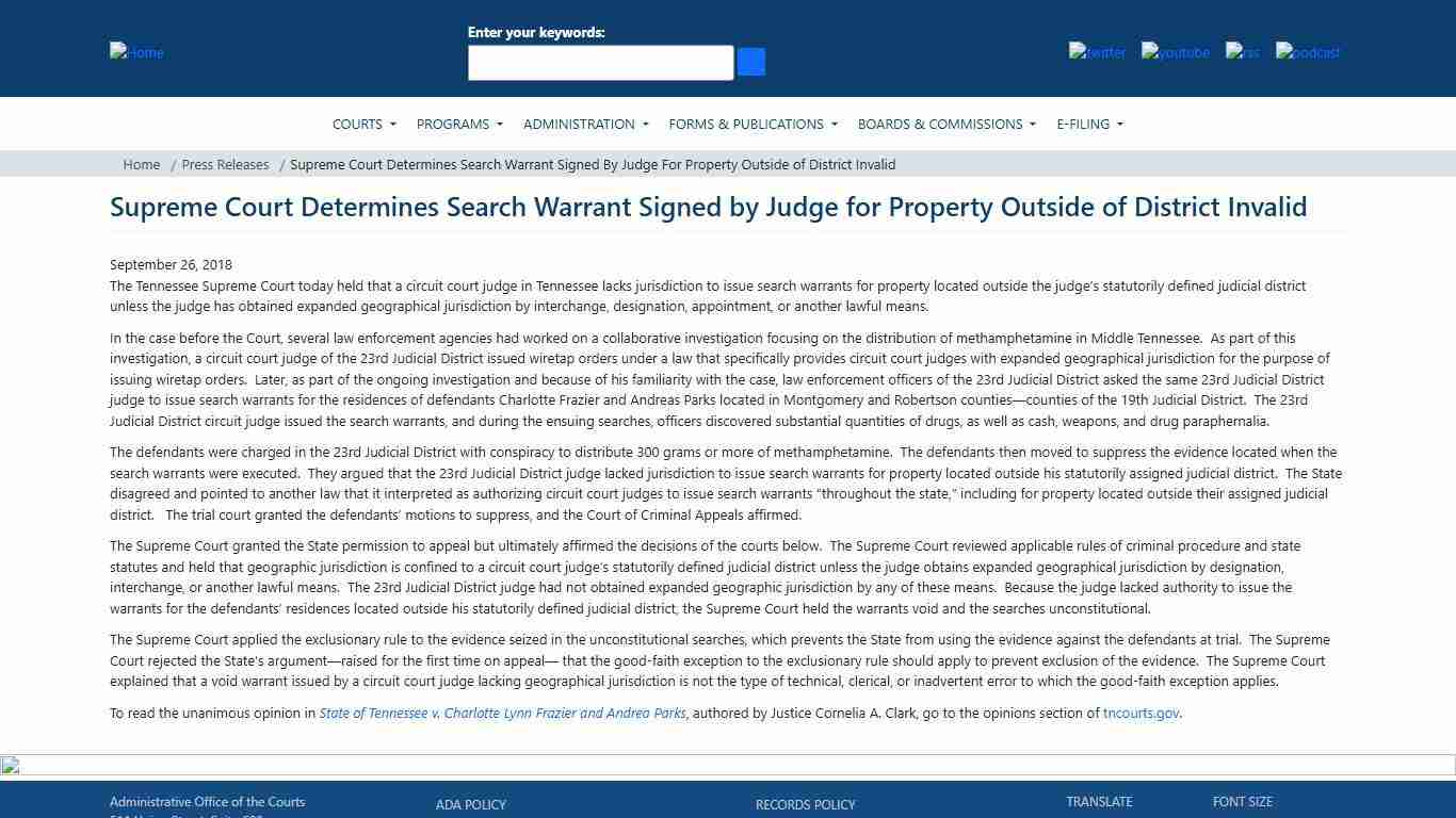 Supreme Court Determines Search Warrant Signed by Judge for Property Outside of District Invalid Tennessee Administrative Office of the Courts
